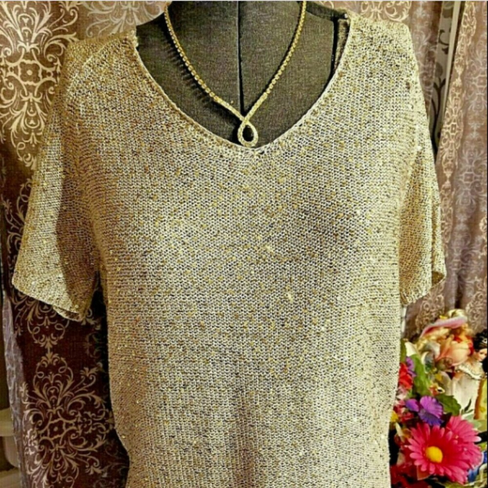 PHILOSOPHY REPUBLIC CLOTHING Gold/Tan Sequins Light Knit Sweater Top Women's L